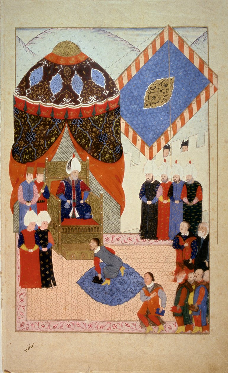 Osmanlı İmparatorluğu: Sultan Süleyman (Süleyman) Kanuni'nin (1520-1566) fahişeleri çevrelediğini söyledim”” Minyatür “” Nuzhet el-Esrar el-Ahbar der Sefer-i Sigetvar”” (Nuzhet el Estrar el Ahbar der Sefer i Sigetvar) ) (Szi kampanyalarının günlükleri by Ottoman School