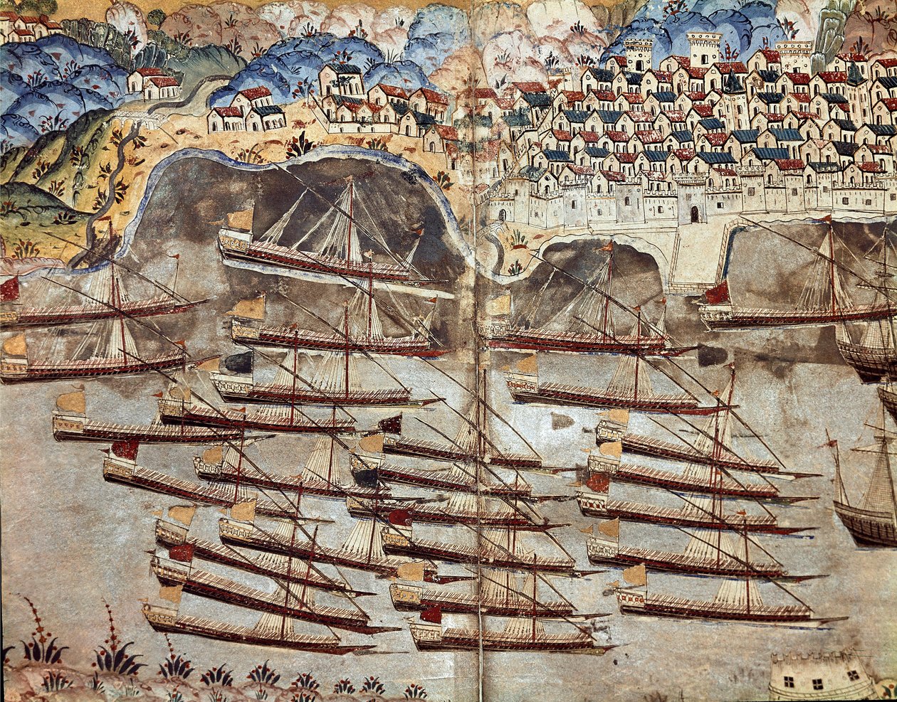 Osmanlı İmparatorluğu: Barberossa donanmasının temsili (Khizir Khayr ad-din (Barbaros Hozor Hayreddin Pasha veya Paşa veya Chair ad Din, Chaireddin veya Cheireddin) (1466-1546), er, Nice şehrine bakan. Minyatür 