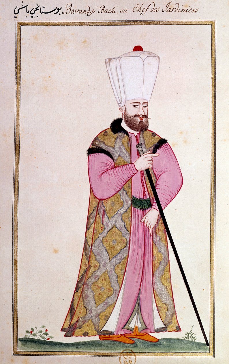 Osmanlı sanatı: saray bahçıvanlarının başı. Bir el yazmasından yazdır by Ottoman School