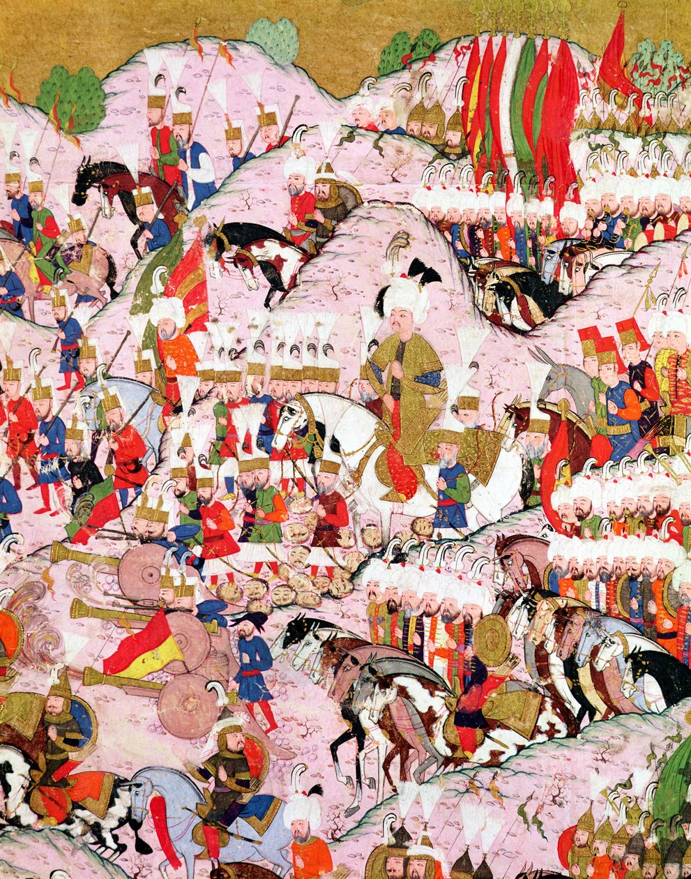 TSM H.1524 'Hünername' el yazması: Kanuni Sultan Süleyman (1494-1566), 1526'da Mohaç Savaşı'nda, Lokman'ın 'Mükemmellik Kitabı'ndan by Ottoman School