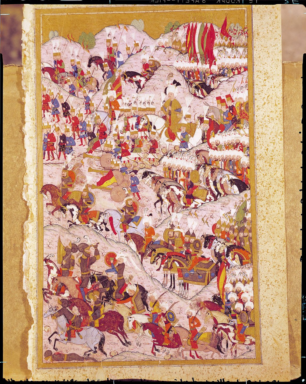 TSM H.1524 'Hünername' el yazması: Kanuni Sultan Süleyman (1494-1566), 1526'da Mohaç Savaşı'nda, Lokman'ın 'Mükemmellik Kitabı'ndan by Ottoman School