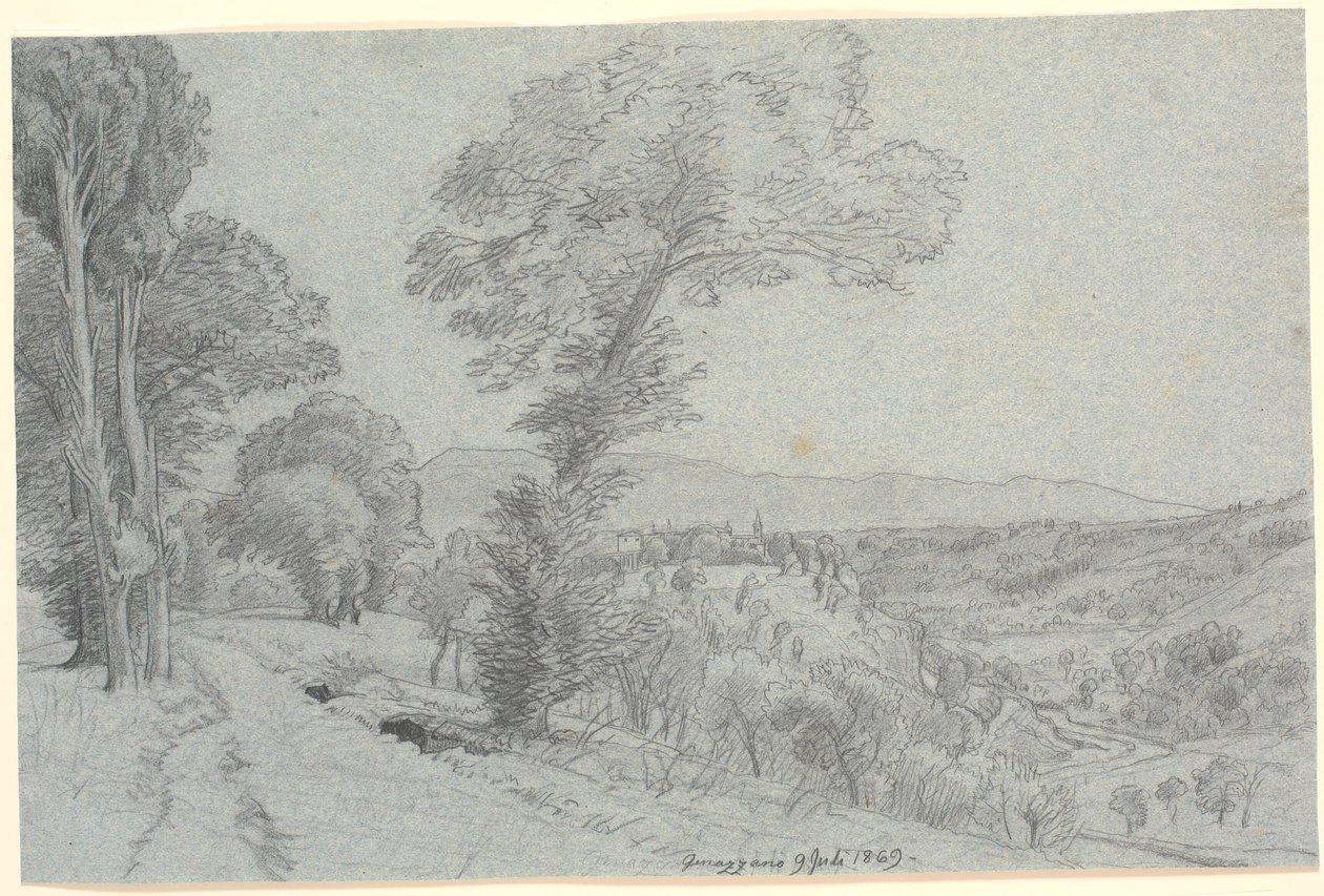 "Genazzano 9 Temmuz 1869"a bakan İtalyan dağ manzarası. by P.C. Skovgaard