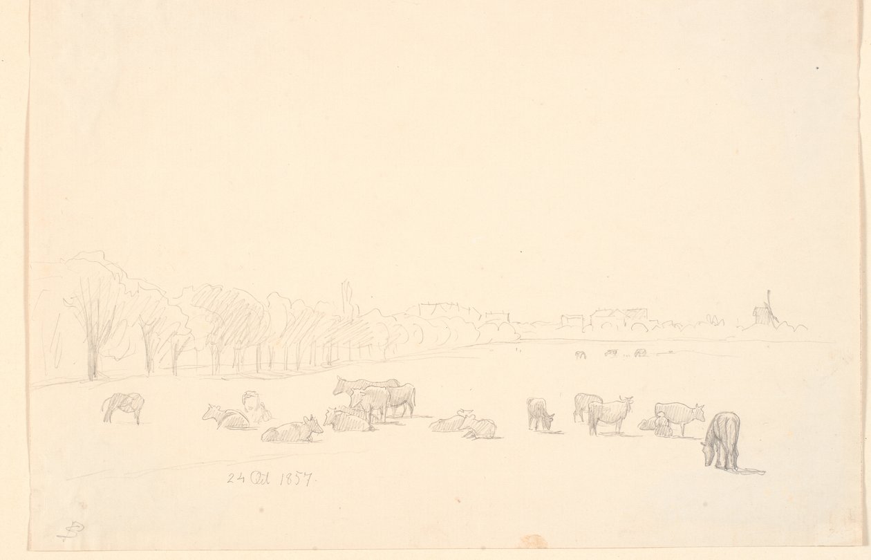 Tuzağa düşen inekler, arka planda Tagens Mølle by P.C. Skovgaard