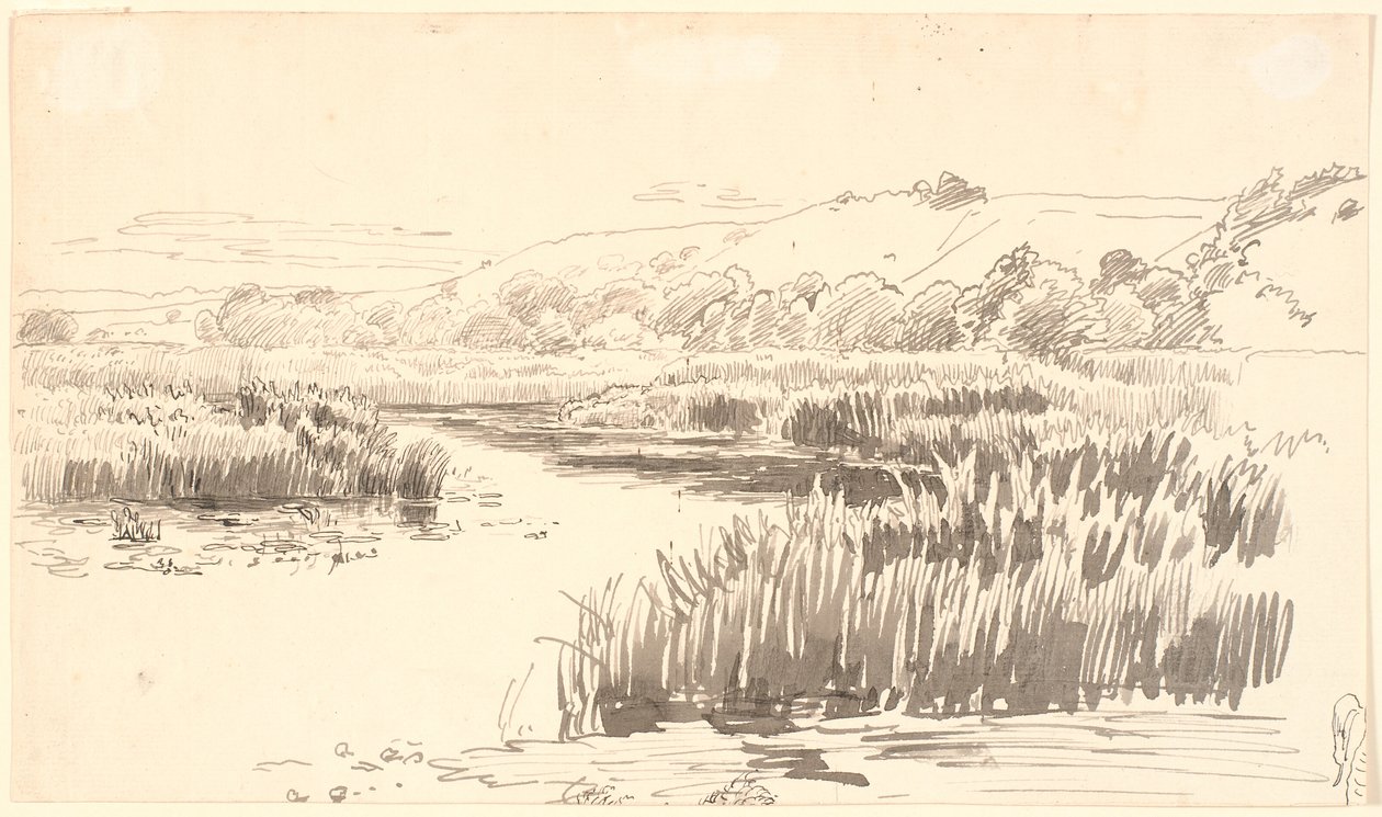 Genişliği boyunca uzun sazların büyüdüğü bir dere ile manzara. Arka planda tepeler. Muhtemelen Vejle by P.C. Skovgaard