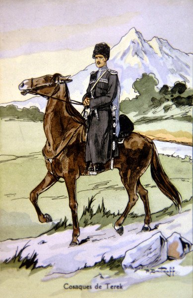 Bir Terek Kazakını tasvir eden kartpostal, c.1914 (renkli taş) by P. (after) Dmitroff