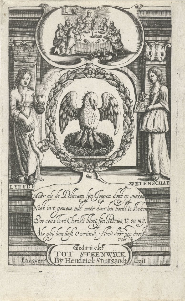 Kendi kanıyla yavrusunu besleyen pelikan Başlık sayfası: D. van Baardt, Manevi ve dünyevi hükümdarlığın gobleni, 1661 by P. Langweer