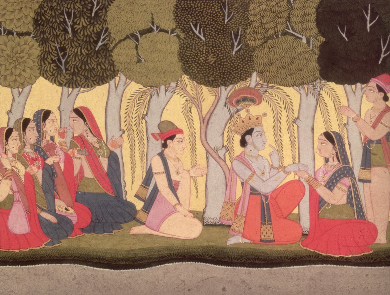Radha ve Krishna bir koruda oturuyorlar, Kulu, 1790-1800 by Pahari School