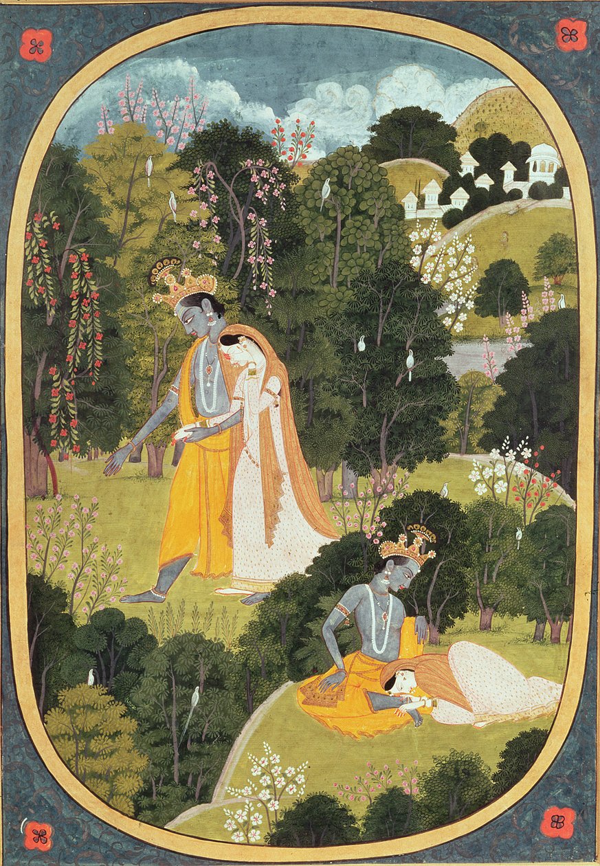 Radha ve Krishna bir koruda yürüyorlar, Kangra, Himachal Pradesh, 1820-25 by Pahari School