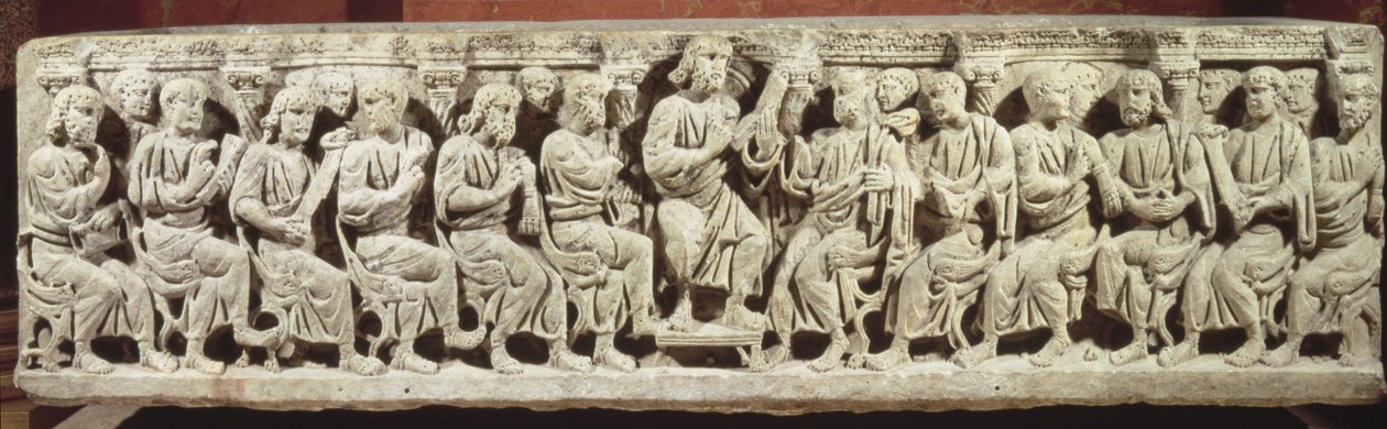 Havarilerle çevrili İsa oturmuş ve öğretiyor, MS 4. yüzyılın sonunda Rignieux-le-Franc kilisesinden alınan mermer hristiyan lahiti by Paleo Christian