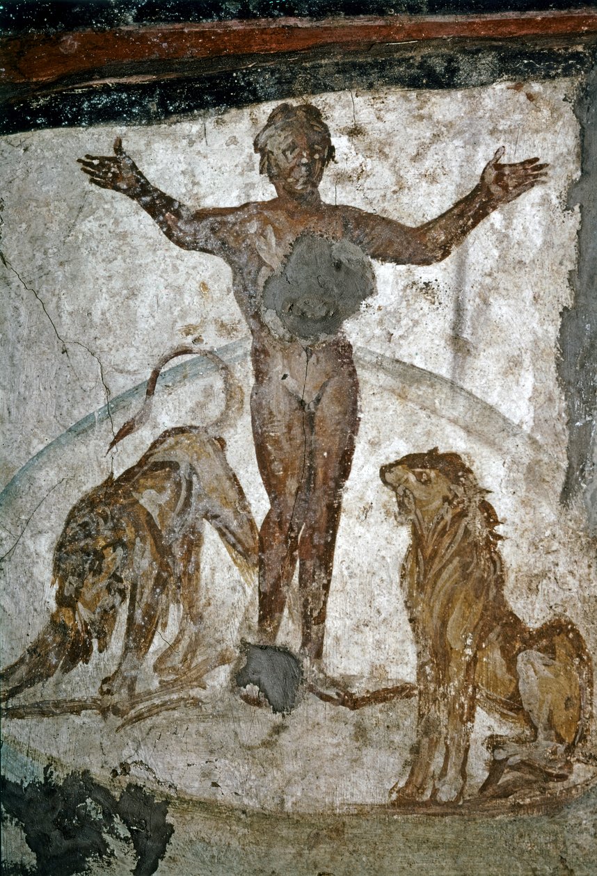 ERKEN DÖNEM HIRİSTİYAN SANATI: Catacombe. Daniel aslanın ininde., 4. yüzyıl (fresk) by Paleo-Christian
