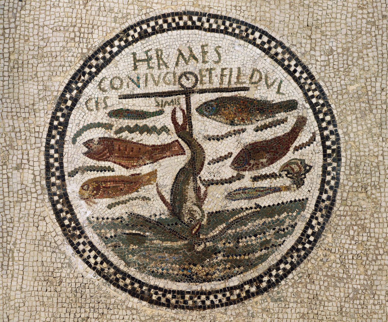 Balıklarla çevrili çapalı mozaik, İsa ve takipçilerinin sembolü, Sousse Yeraltı Mezarları, Tunus, Erken Hıristiyanlık dönemi, 4. yüzyıl by Paleo Christian