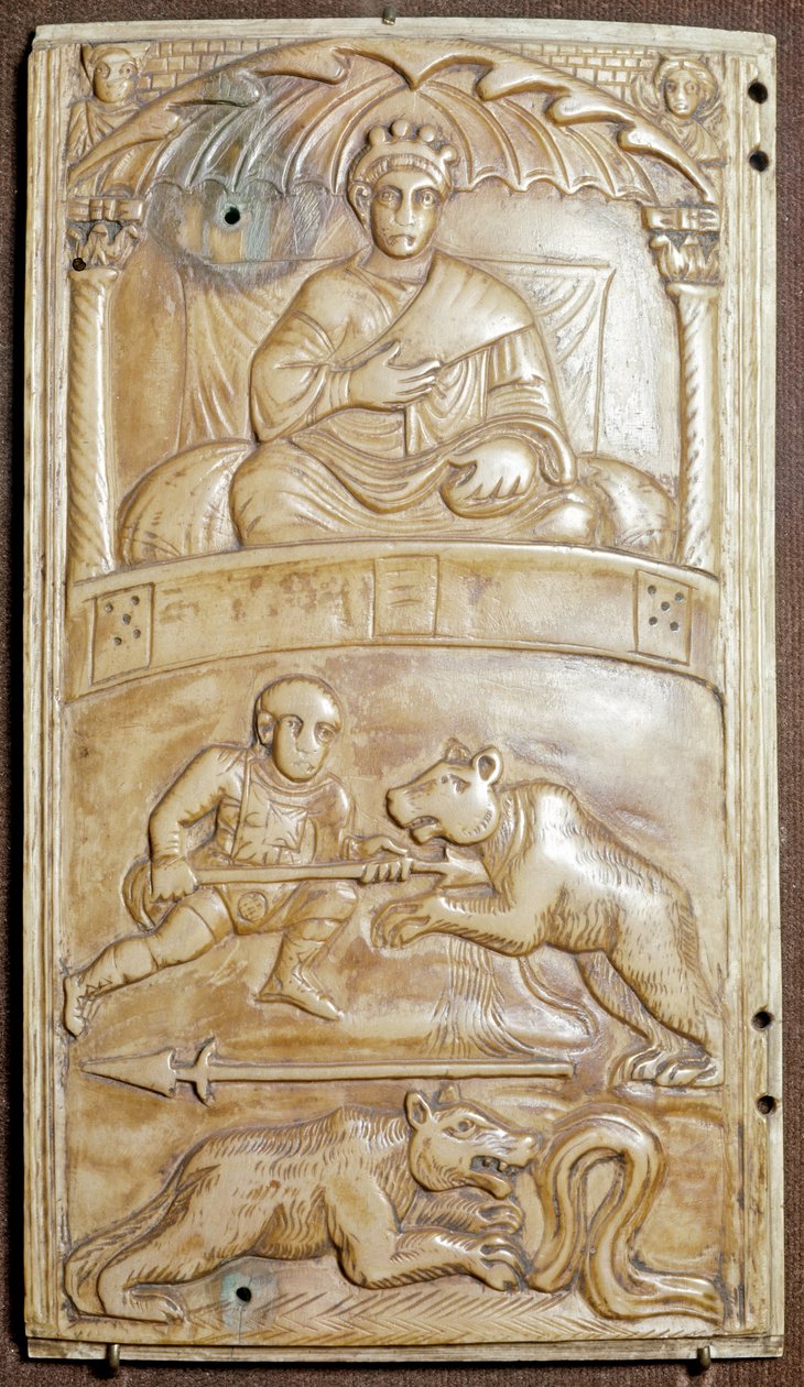 Bir ayı ile Sirkte Oyunlar (Fildişi kabartma dyptich, yaklaşık 400) by Paleo Christian