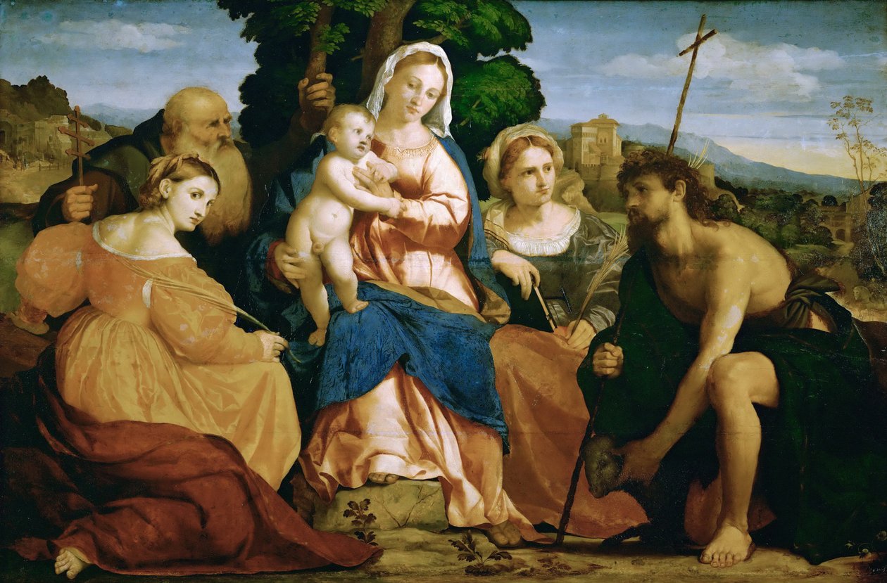 Meryem ve çocuk ve azizler Katharina ve Coelestin (solda) ve Johannes d. Baptist ve Barbara (sağda) by Palma il Vecchio