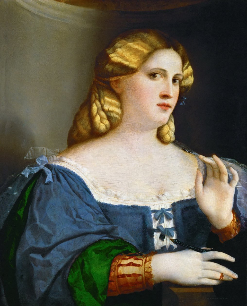 Tüylü mavi elbiseli genç kadın by Palma il Vecchio