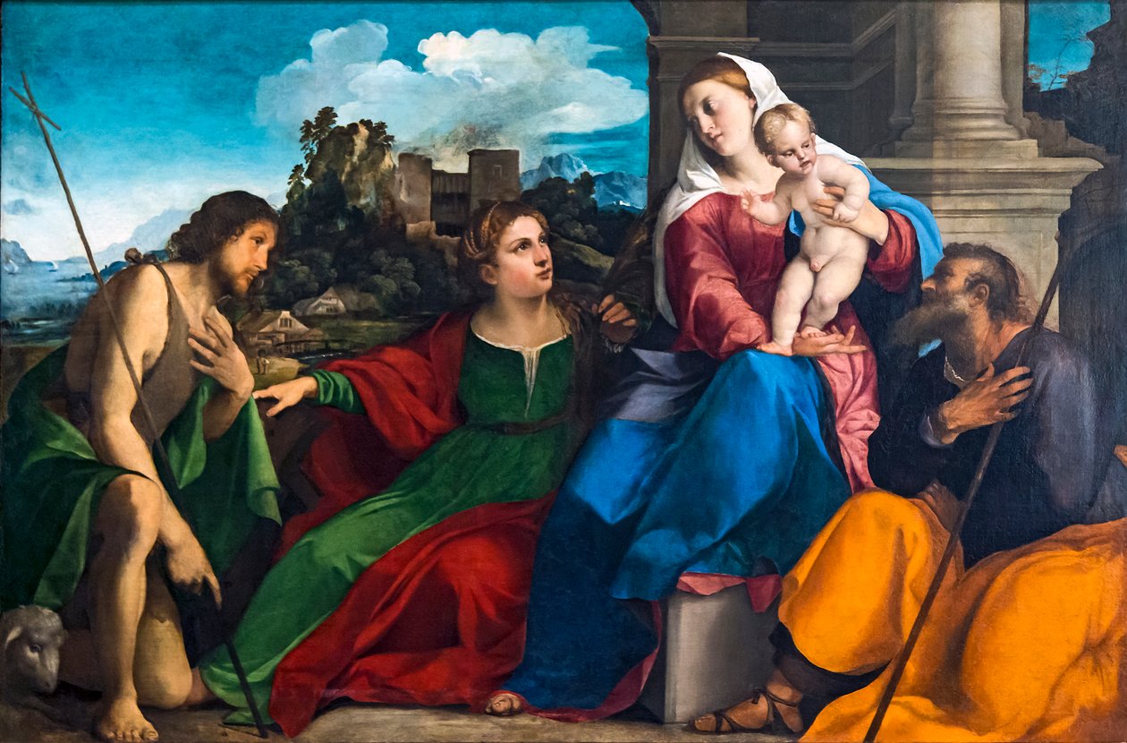 İskenderiyeli Aziz Catherine ve Vaftizci Yahya ile Kutsal Aile by Palma il Vecchio