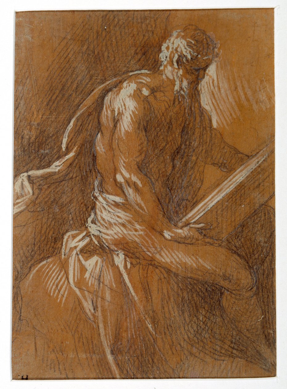 Bir aziz okuması (sakızla kaplanmış şimşir üzerine beyaz gövde rengiyle yükseltilmiş siyah tebeşir) by Palma Il Giovane