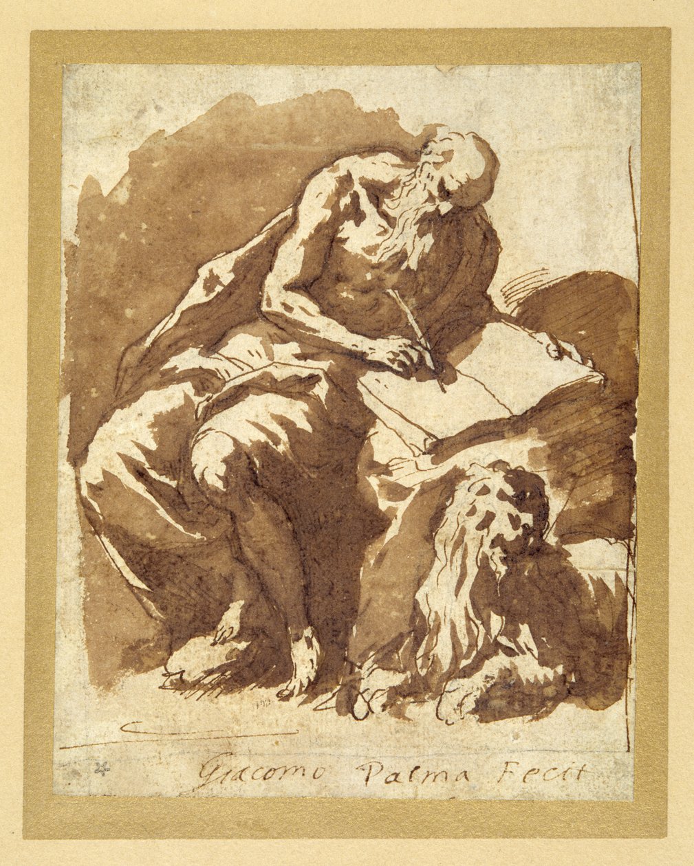 Aziz Jerome bir kayanın üzerine oturmuş, yazıyor (kalem ve mürekkep, kağıt üzerinde yıkanmış) by Palma Il Giovane