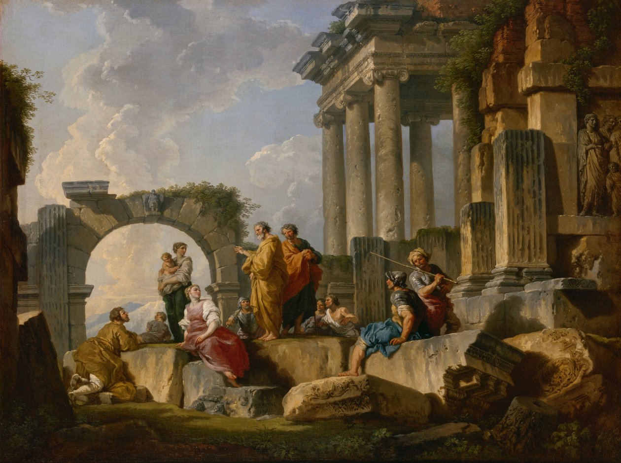 Yıkıntılar arasında Aziz Paul Vaazı, 1744. by Pannini