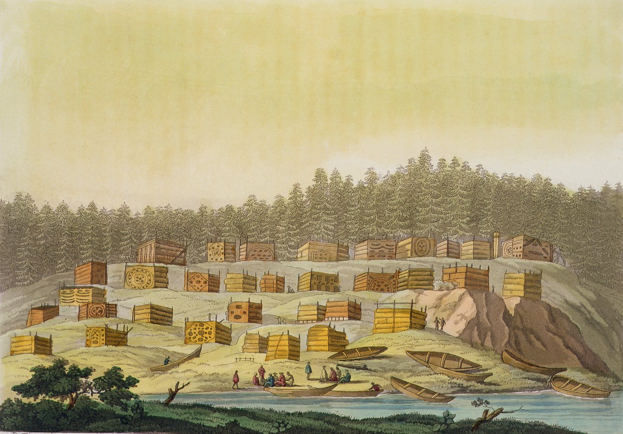 Indian Village, New Georgia, Alaska (renkli gravür) by Paolo Fumagalli