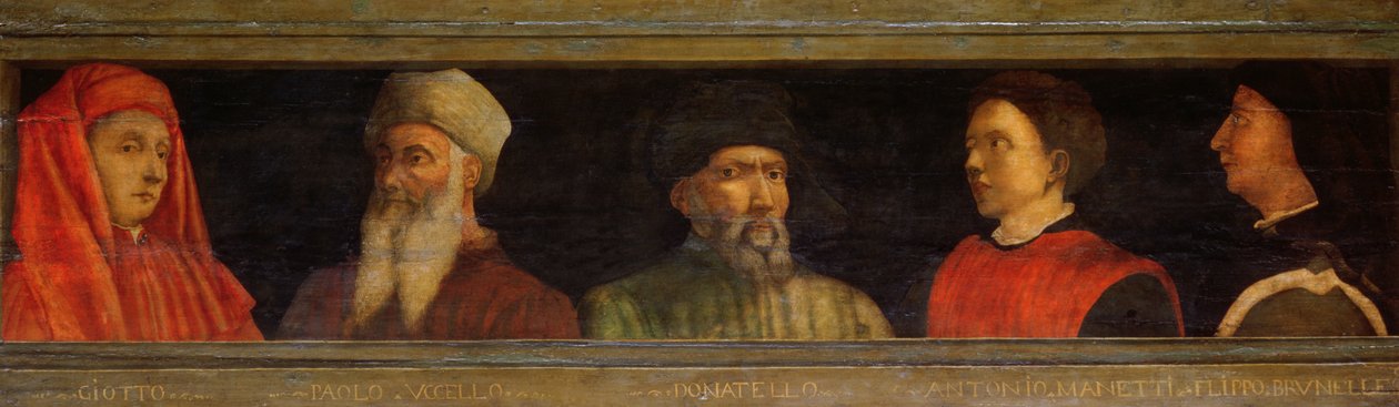 Giotto (c.1266-1337) Uccello, Donatello (c.1386-1466) Manetti (c.1405-60) ve Brunelleschi (1377-1446) portreleri (panelde tempera) by Paolo Uccello