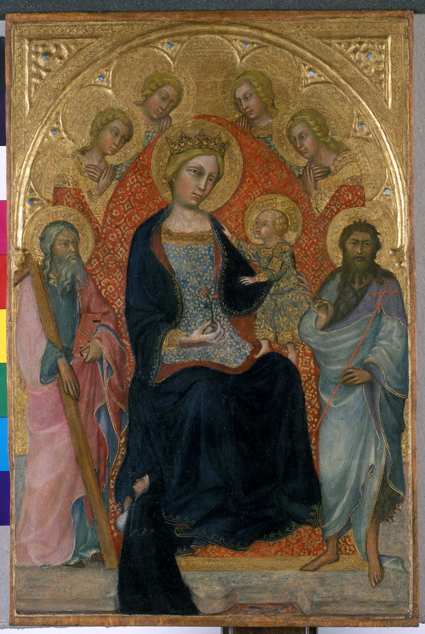 Dört melek, iki aziz ve bir hayırseverle tahta çıkmış Madonna ve Çocuk, c.1400 (ahşap üzerine tempera) by Paolo di Giovanni Fei