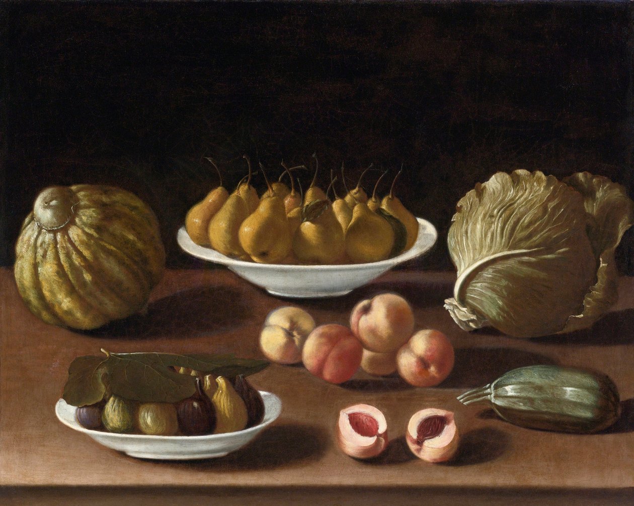 ""Armut, şeftali, incir, kavun, lahana ve kabak ile natürmort" (Armut, şeftali, incir, kavun, lahana ve ilik ile natürmort) Tablo Paolo Antonio Barbieri (1603-1649) Tuval üzerine yağlı boya, 76, 5x94 - Özel Koleksiyon by Paolo Antonio Barbieri