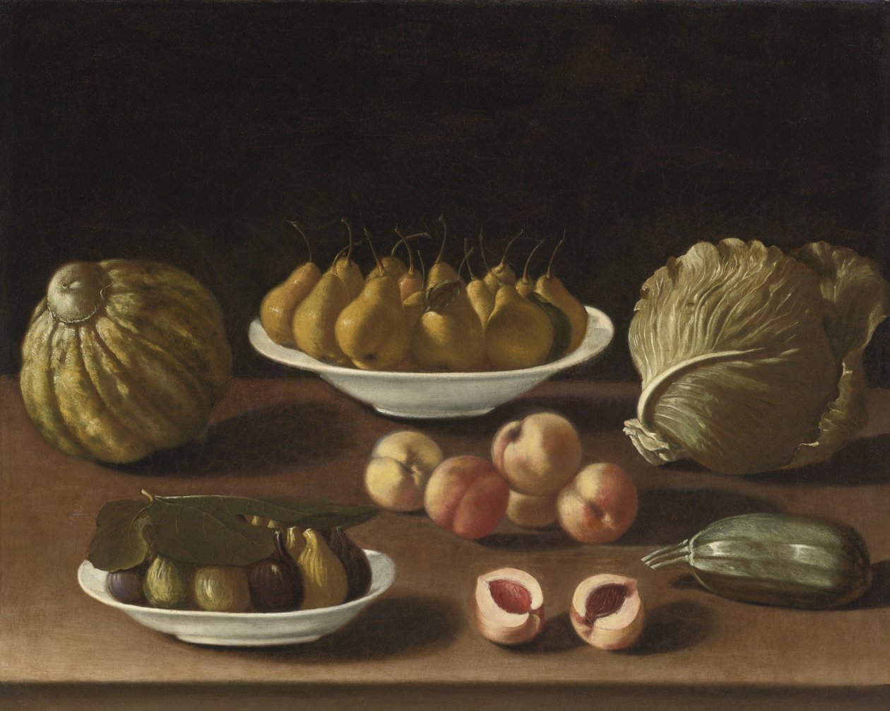 Armut, şeftali, incir, kavun, lahana ve ilik ile natürmort by Paolo Antonio Barbieri