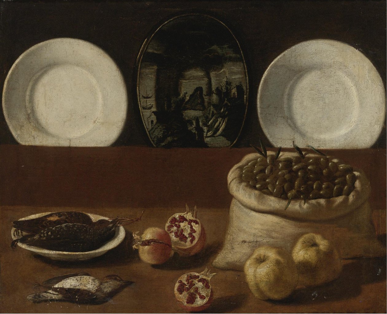 Tabak, zeytin dolu bir çuval, av eti, nar ve ayva ile natürmort by Paolo Antonio Barbieri