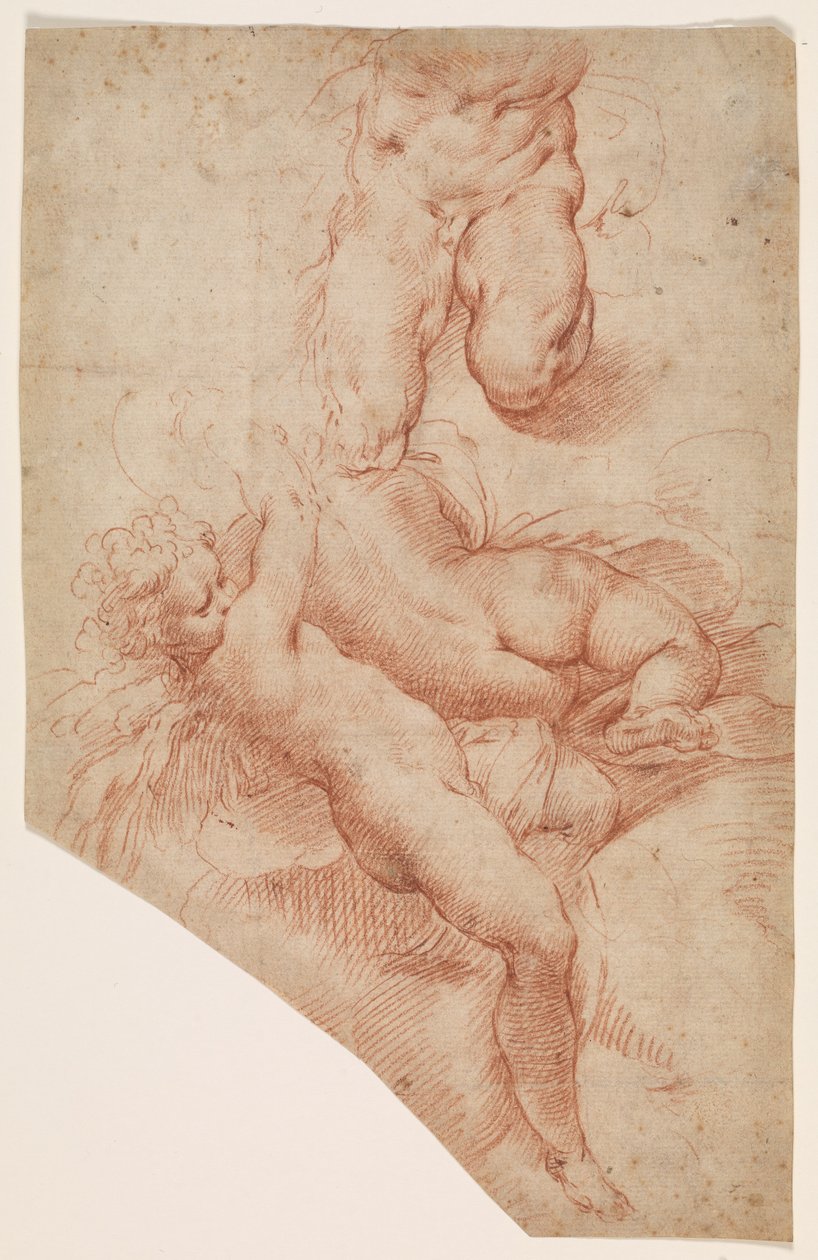 Bir melek ya da putto, yatan bir kadın ve kaslı bir adamın alt vücudu by Paolo Farinati
