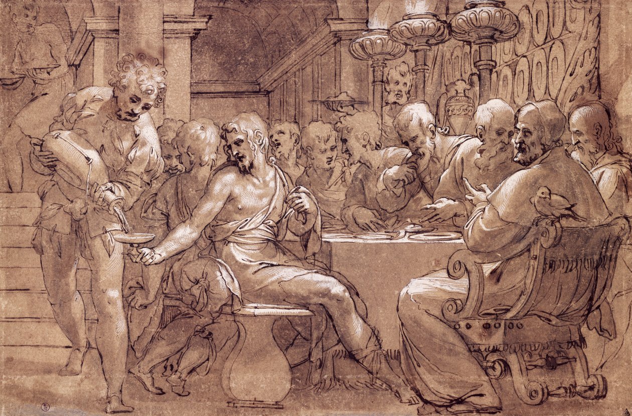 Aziz Gregory'nin akşam yemeği, çizim Paolo Farinati (1524-1606), gri-kahverengi sulu boya, tükenmez kalem, beyaz kurşun ve siyah kurşun kalem, İtalya by Paolo Farinati