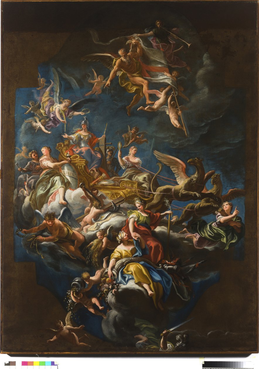 Grifonlar tarafından çekilen ve Prudence tarafından sürülen Ligurya alegorik savaş arabası by Paolo Gerolamo Piola