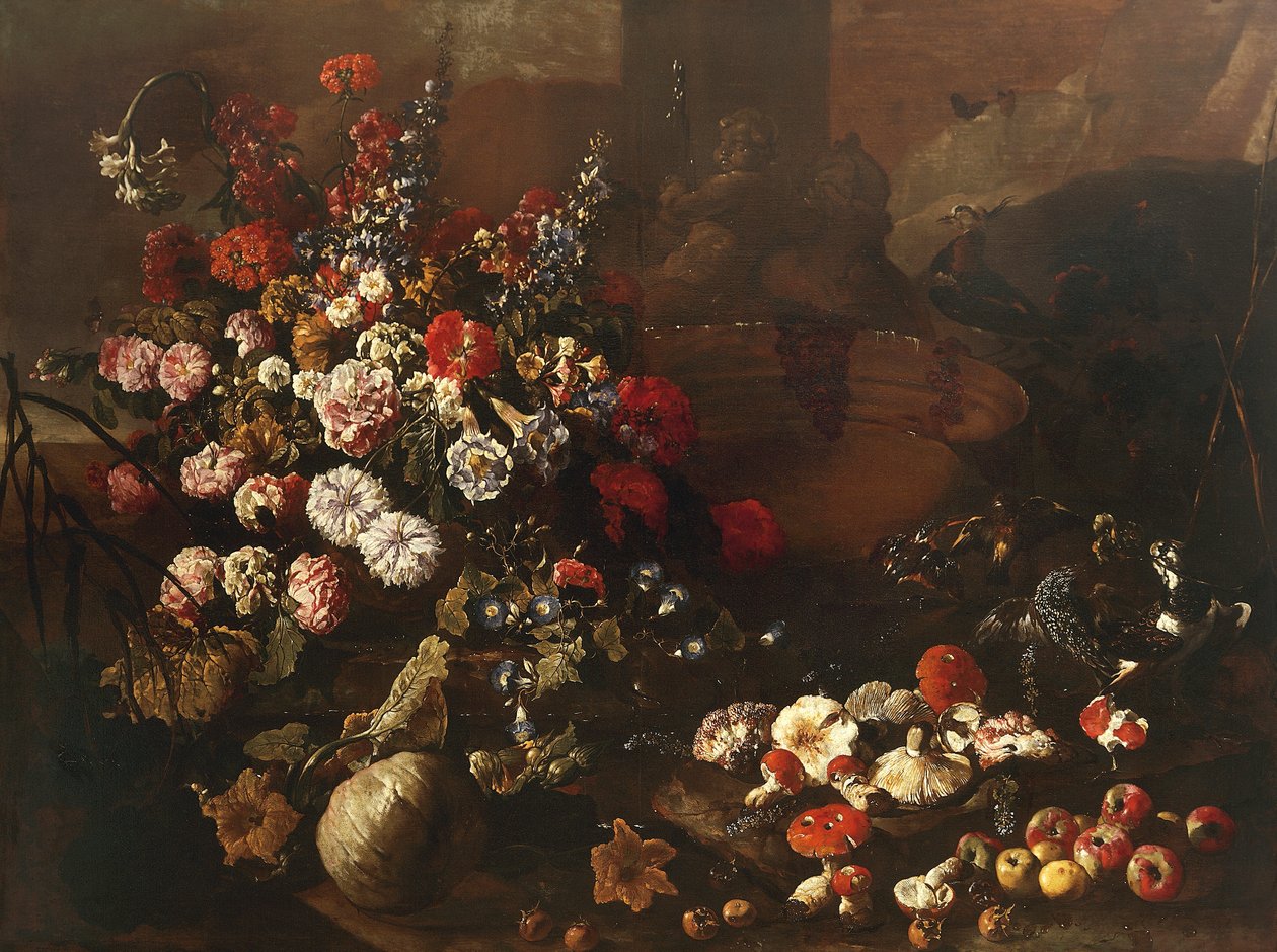 Çiçekler, Meyveler, Mantarlar ve Kuşlar ile Natürmort (tuval üzerine yağlı boya) by Paolo Porpora