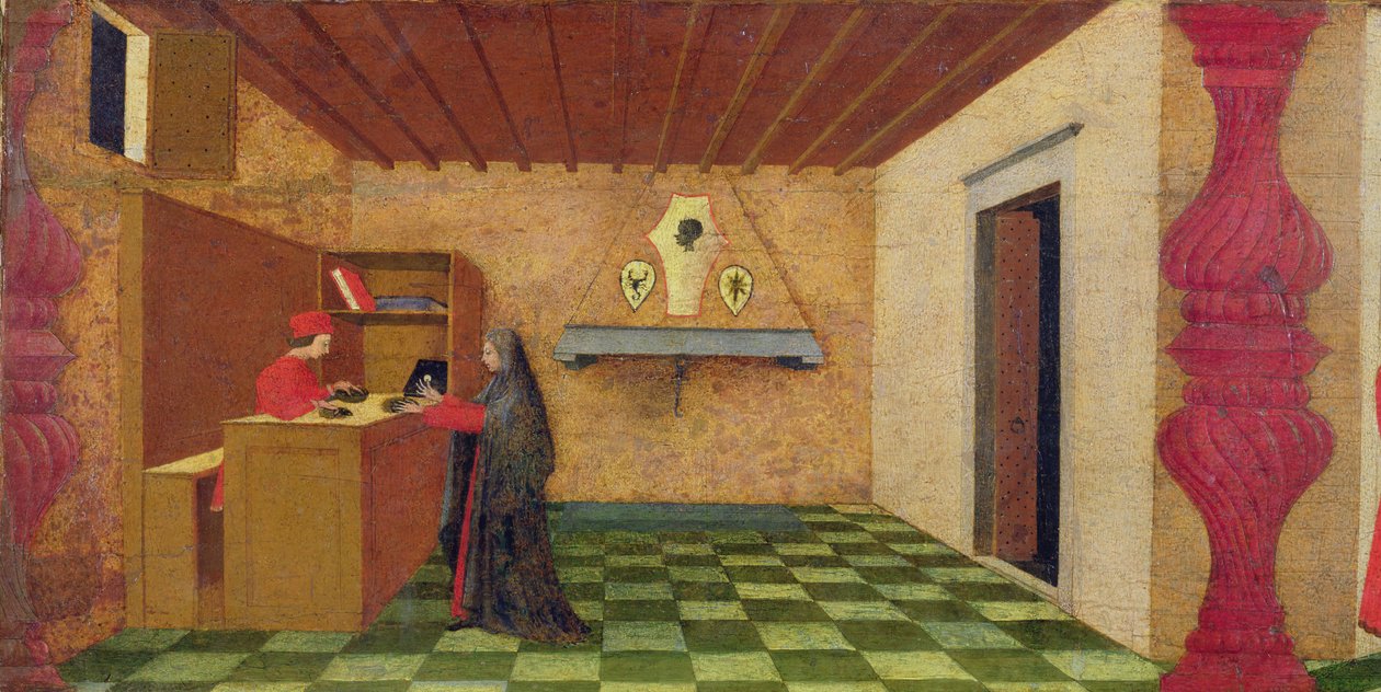 Ev Sahibinin Küfür Etmesinin Predella'sı: Yahudi Bir Tefeci Tarafından Pelerinini Takdis Edilen Ev Sahibi Pahasına Kullanmaya Zorlanan Hıristiyan Kadın, c.1467-69 (panelde mizaç) (detay) by Paolo Uccello