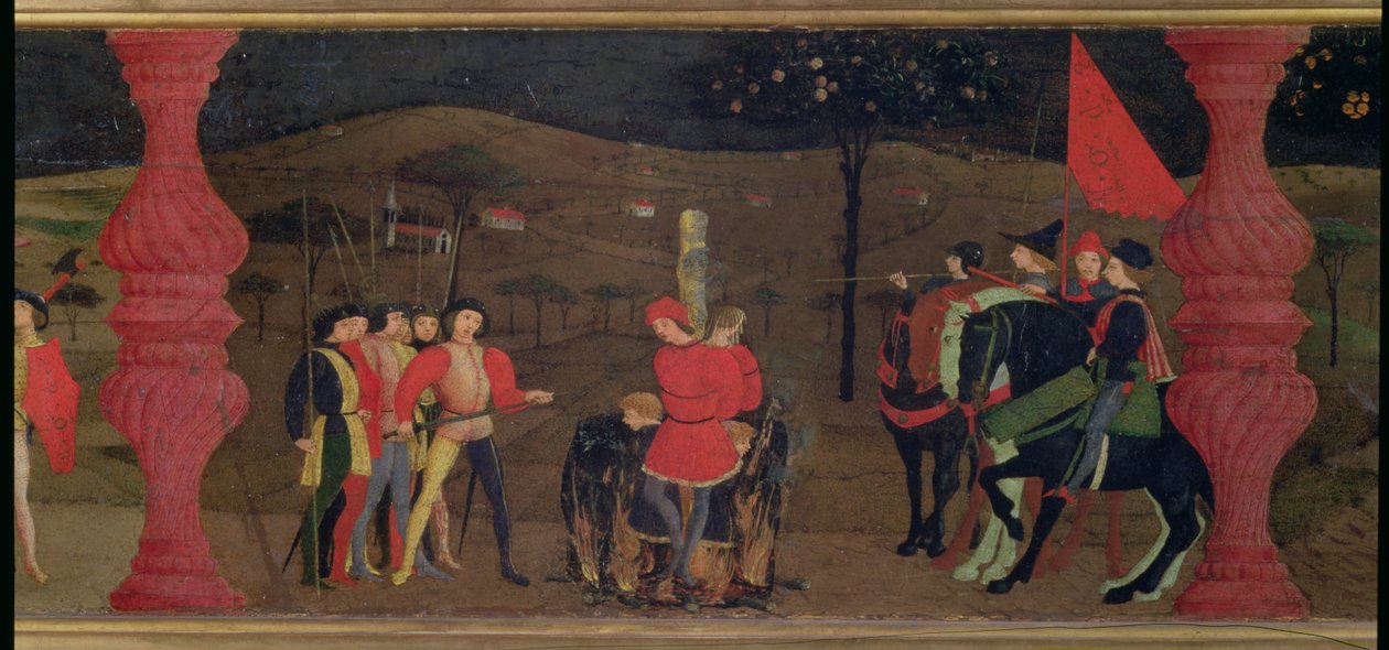 Ev Sahibinin Küfürünün Predella'sı: Yahudi Tefeci ve Ailesi, Kutsanmış Ev Sahibini Kavurma Tehlikesinde Yakıldı, c.1468 (panelde mizaç) (detay) by Paolo Uccello