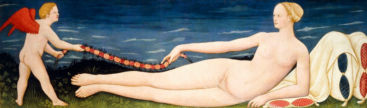 Yastıklar üzerinde Venüs, bir Putto ile Çiçeklerden Bir Çelenk tutan, by Paolo di Stefano Badaloni Schiavo