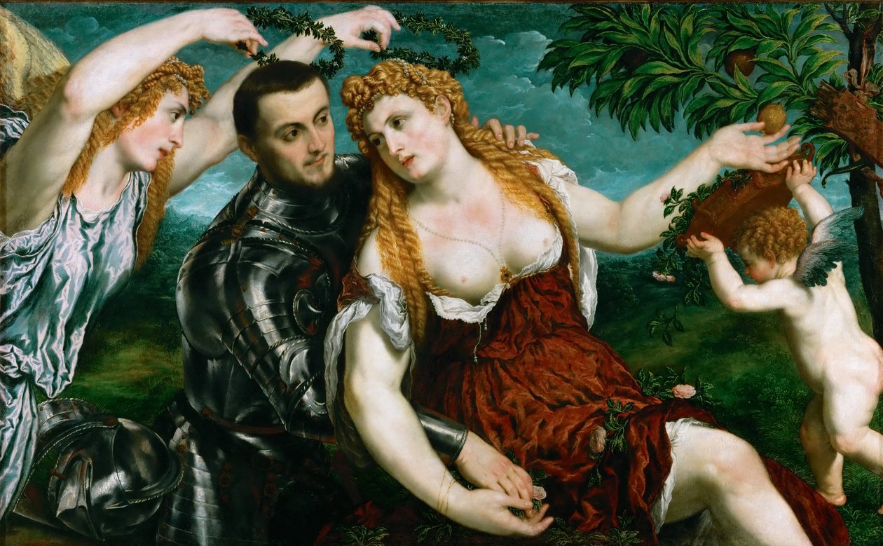 Alegori (Mars, Venüs, Victoria ve Aşk Tanrısı) Venüs, Mars ve Aşk Tanrısı Zaferle taçlandırılmıştır by Paris Bordone