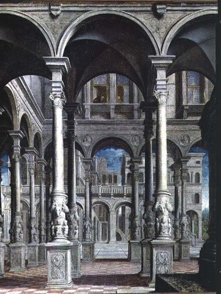Müjde, mimarinin detayı, 1545-50 (89723 detayı) by Paris Bordone