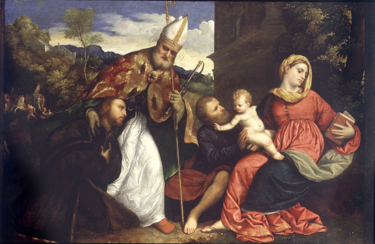 St. Ambrose ile Kutsal Aile bir bağışçı sunarken, c.1525 (panelde yağlı boya) by Paris Bordone