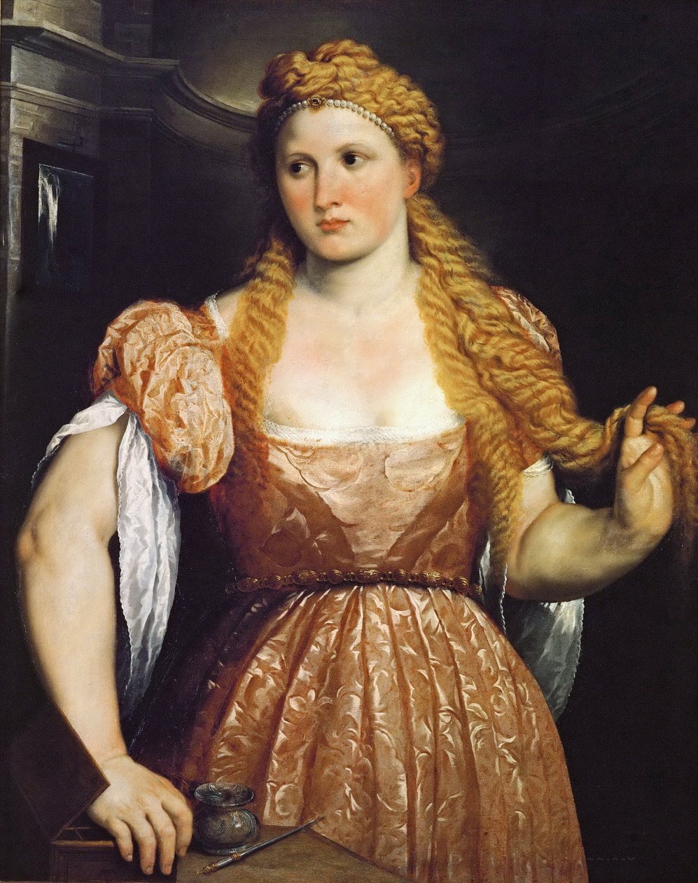 Tuvaletinde Genç Bir Kadının Portresi - Paris Bordone (Bordon) (1500-1571). Tuval üzerine yağlı boya, c. 1550. Ebat : 102x81 cm. Sanat Tarihi Müzesi, Viyana by Paris Bordone