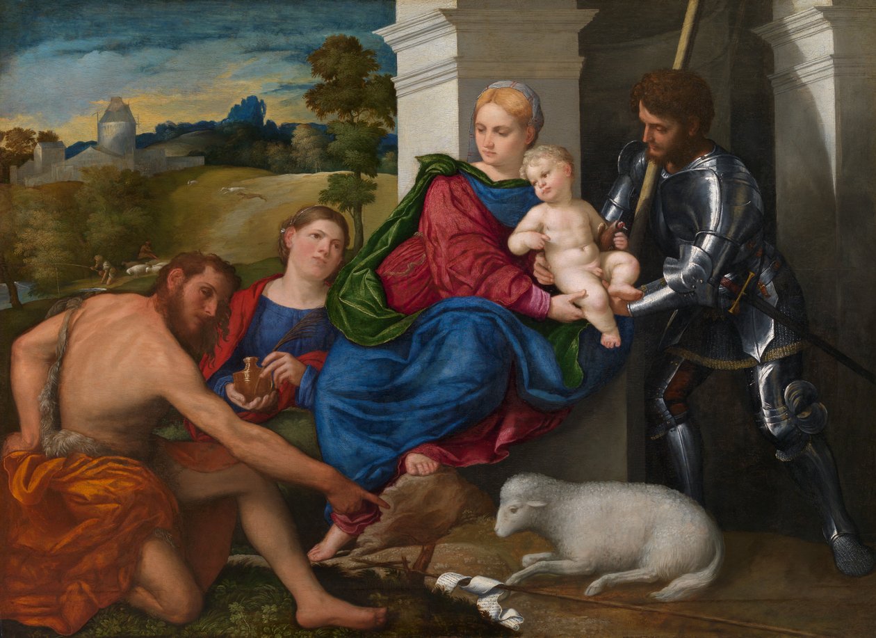 Bakire ve Çocuk, Azizler Vaftizci Yahya, Mecdelli Meryem ve George (muhtemelen), c.1524 (panel üzerine yağlıboya) ile by Paris Bordone