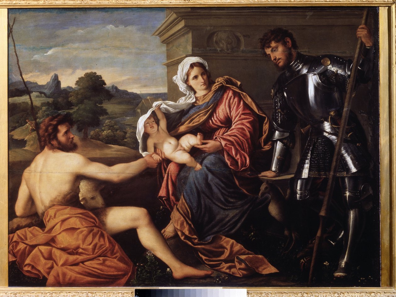 "Madonna ve Çocuk, Vaftizci Yahya ve Aziz George" (Madonna ve Çocuk, Vaftizci Yahya ve Aziz George) Tablosu Paris Bordon veya Bordone (1500-1571) yaklaşık 1530 Pouchkine Müzesi, Moskova by Paris Bordone