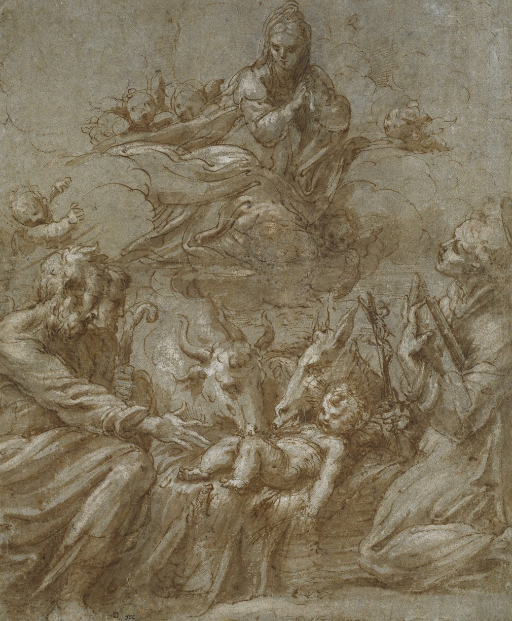 İsa'nın Doğuşu (kalem ve kahverengi mürekkep gri renkte yıkanmış ve mavi-gri kağıt üzerinde beyaz gövde rengiyle yükseltilmiş) by Parmigianino