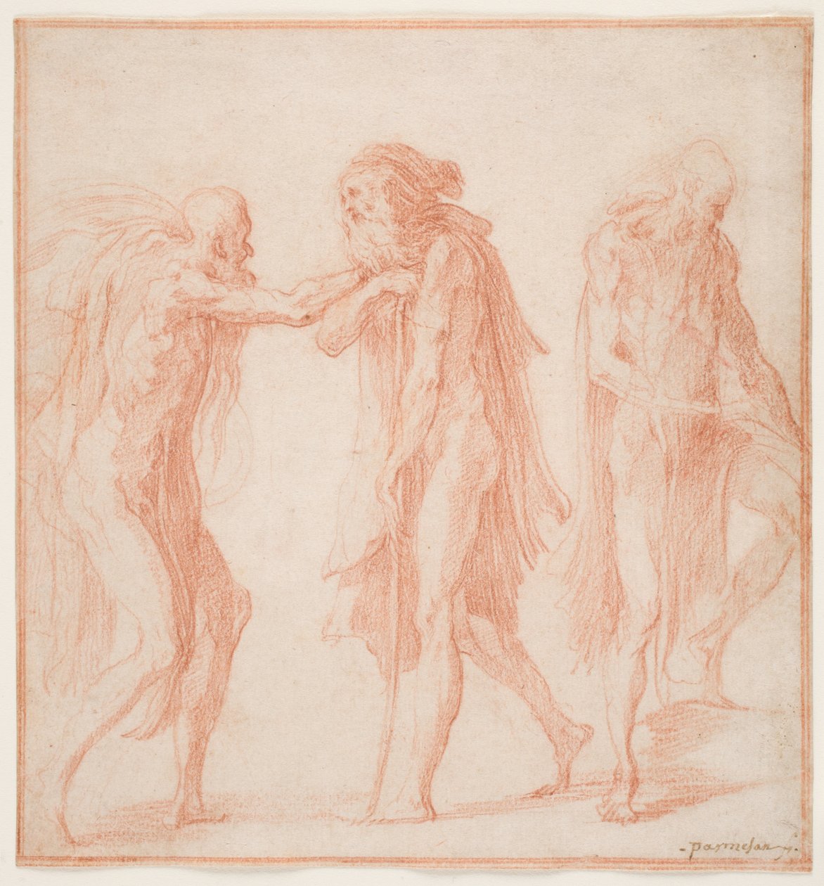Üç Yaşlı Adam, c.1535 (kağıt üzerinde kırmızı tebeşir) by Parmigianino