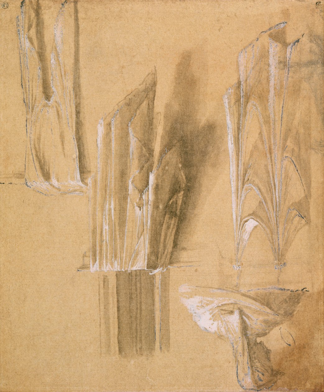 Bir kadının profil büstü ve perdelik etütler (mürekkep ve beyazla yükseltilmiş yıkama) by Parmigianino