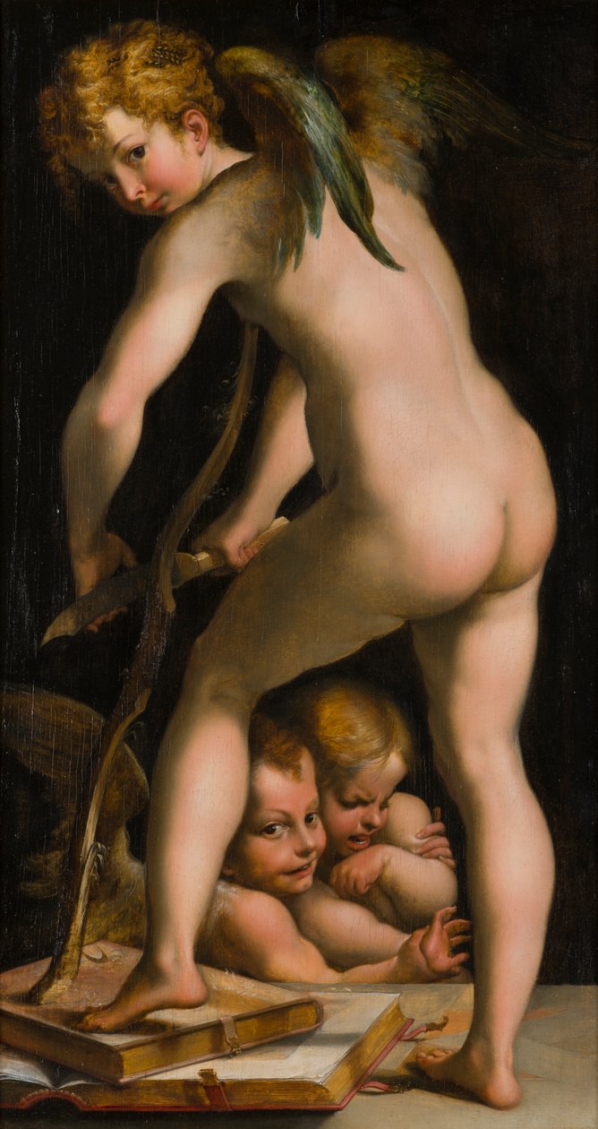 Yayı tıraş eden aşk tanrısı, c.1523-40 (tuval üzerine yağlı boya) by Parmigianino 