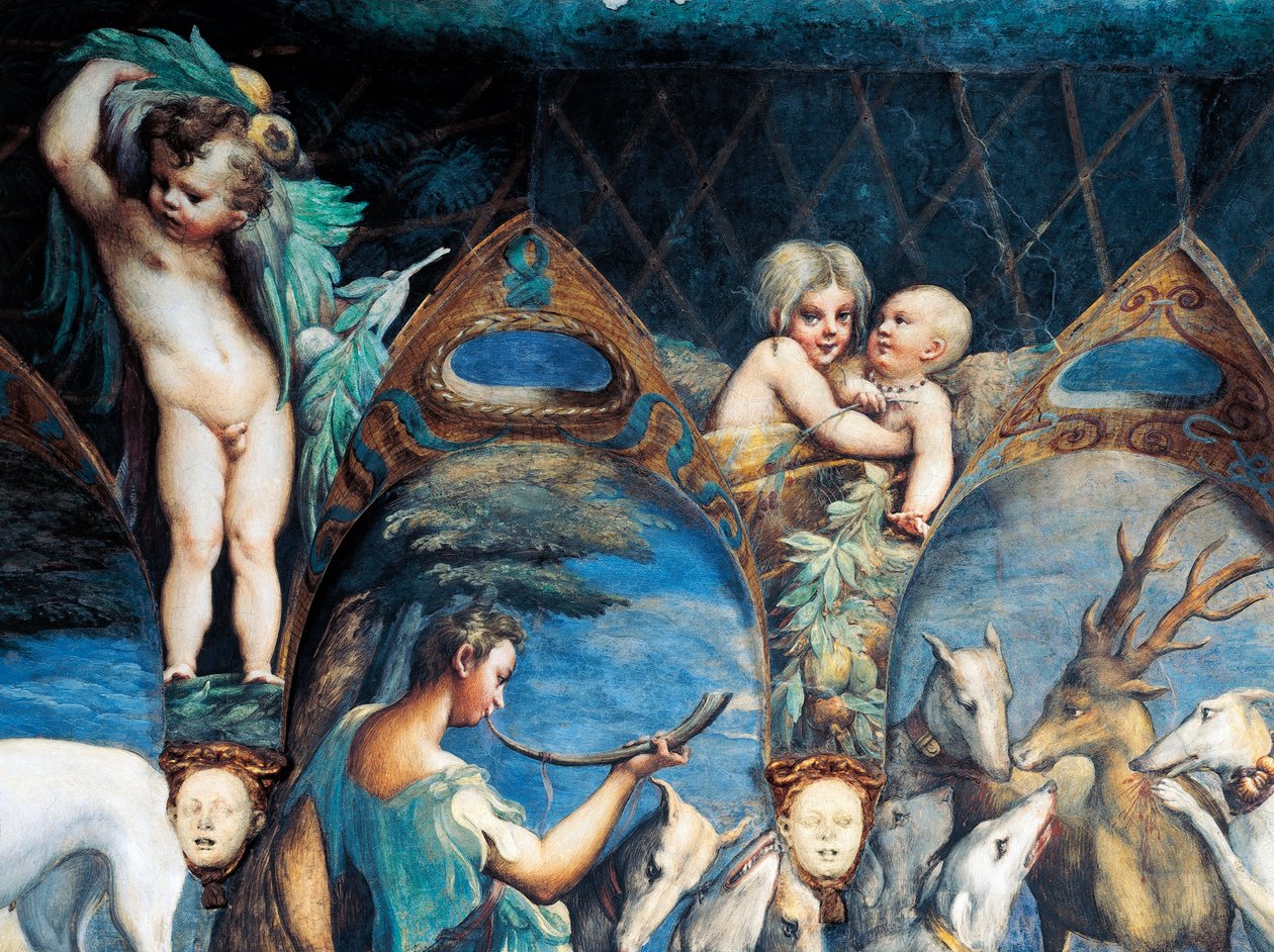 Köpekler tarafından saldırıya uğrayan Actaeon, Parmigianino (1503-1540) olarak bilinen Francesco Mazzola tarafından Diana ve Actaeon Efsanesi'nden detay, 1524 dolaylarında, fresk, Diana ve Actaeon Odası, Rocca Sanvitale, Fontanellato, Parma yakınlarınd by Parmigianino (1503 40)