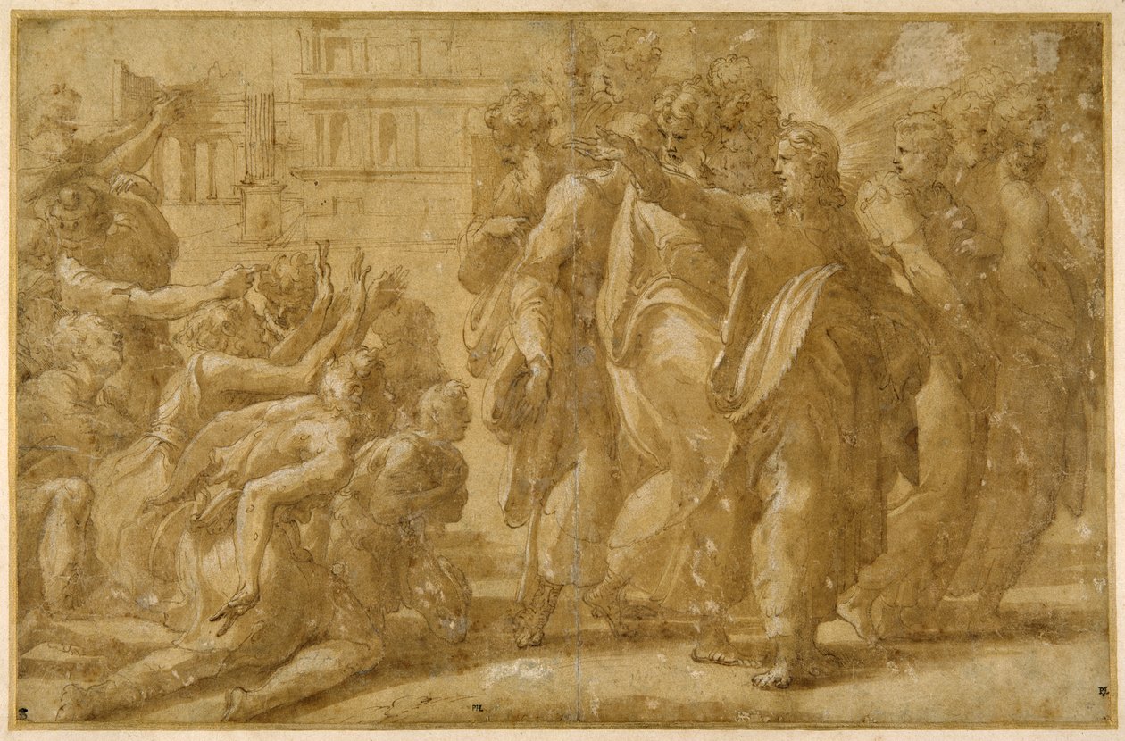 Mesih öğrencileriyle birlikte cüzamlıları iyileştiriyor (kalem, mürekkep, yıkama ve kağıt üzerinde vücut boyası) by Parmigianino (1503 40)