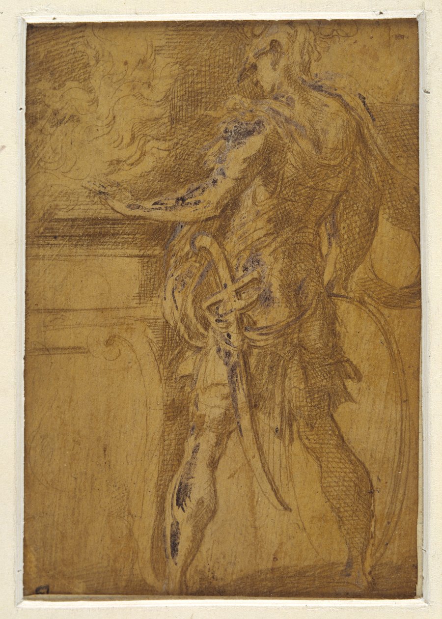 Mucius Scaevola elini alevlerin içine sokuyor (sarı zemin üzerinde metal nokta, kağıt üzerinde beyaz gövde rengiyle temas ediyor) by Parmigianino (1503 40)