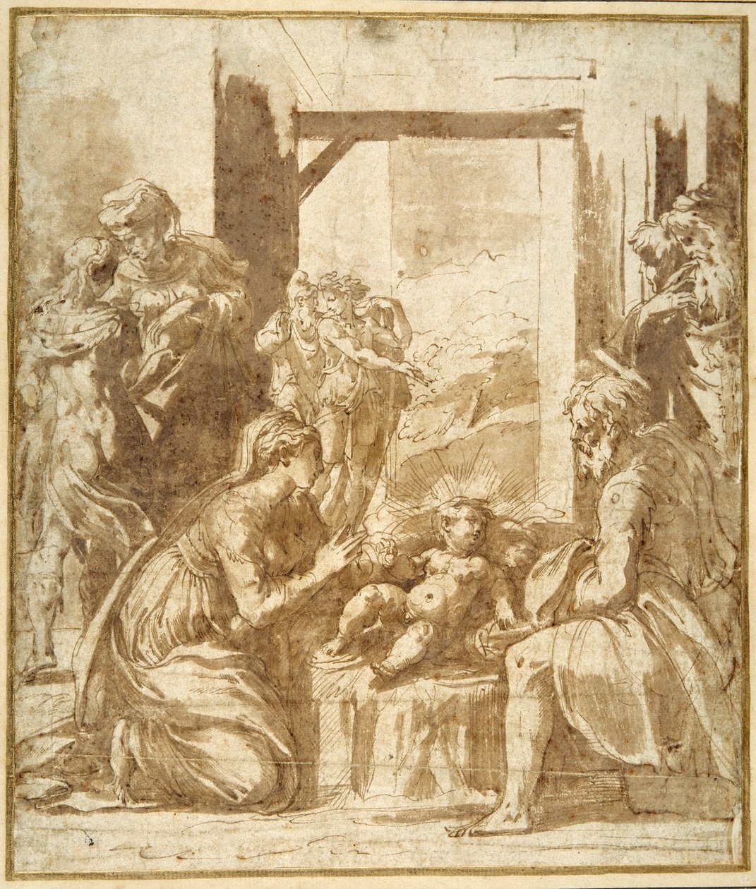 Doğuş (beyaz kağıt üzerinde kahverengi yıkama ile kalem ve kahverengi mürekkep) by Parmigianino