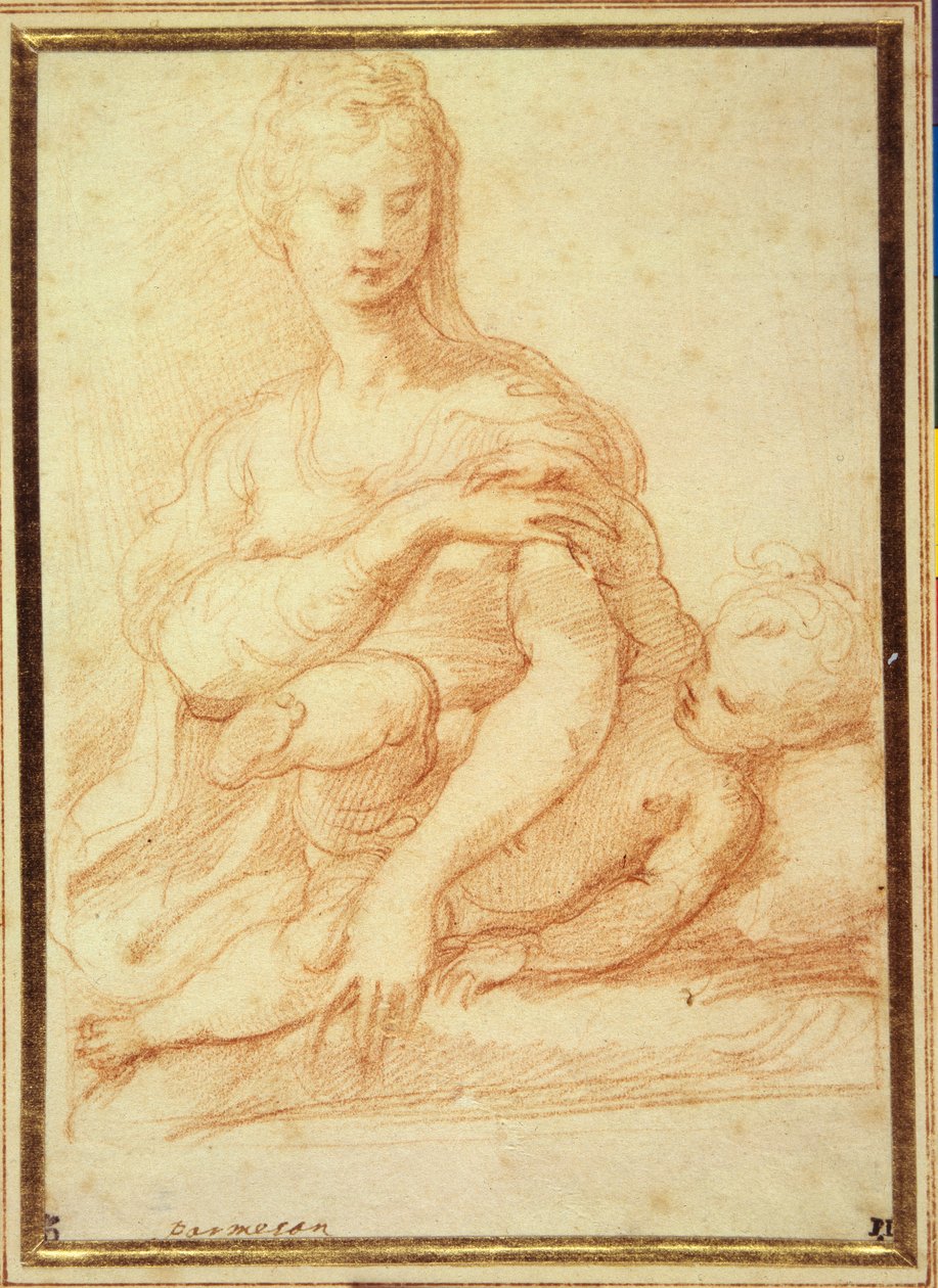 Kucağında Çocukla oynayan Bakire (beyaz kağıt üzerine kırmızı tebeşir) by Parmigianino